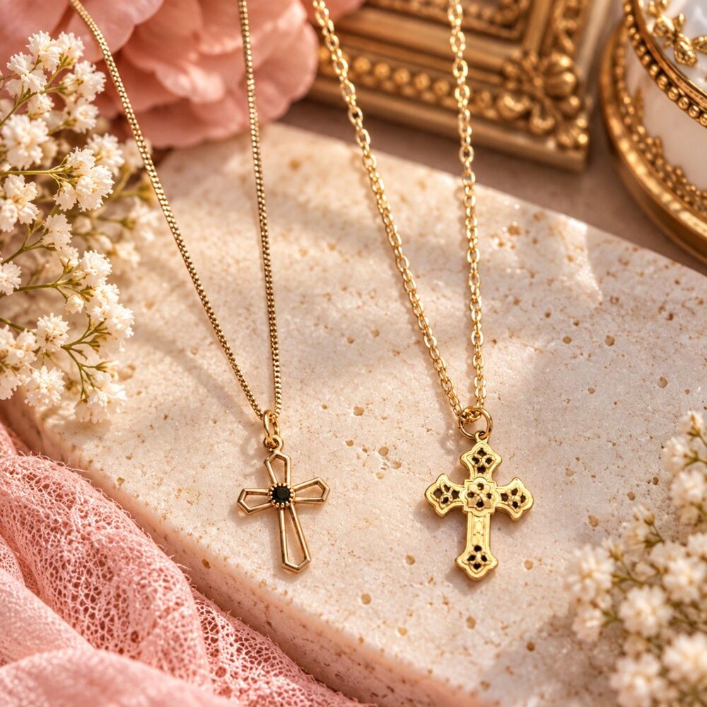 2 Gold Tone Cross Pendant Necklaces Christian Faith Religious Gothic Vintage